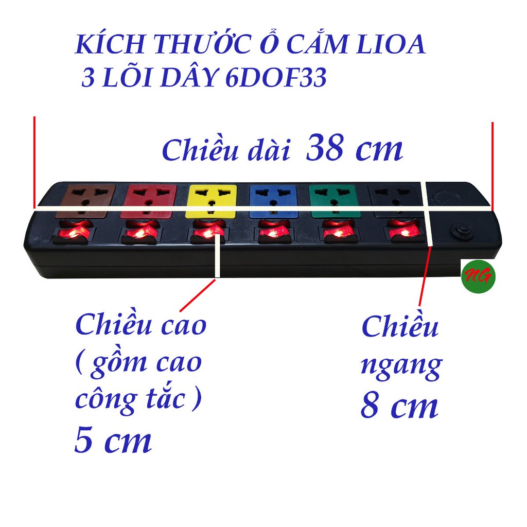 Ổ cắm điện 3 chấu có dây tiếp đất LIOA 6DOF33 - 6 ổ cắm 6 công tắc dây dài 3 mét phích cắm 3 chấu