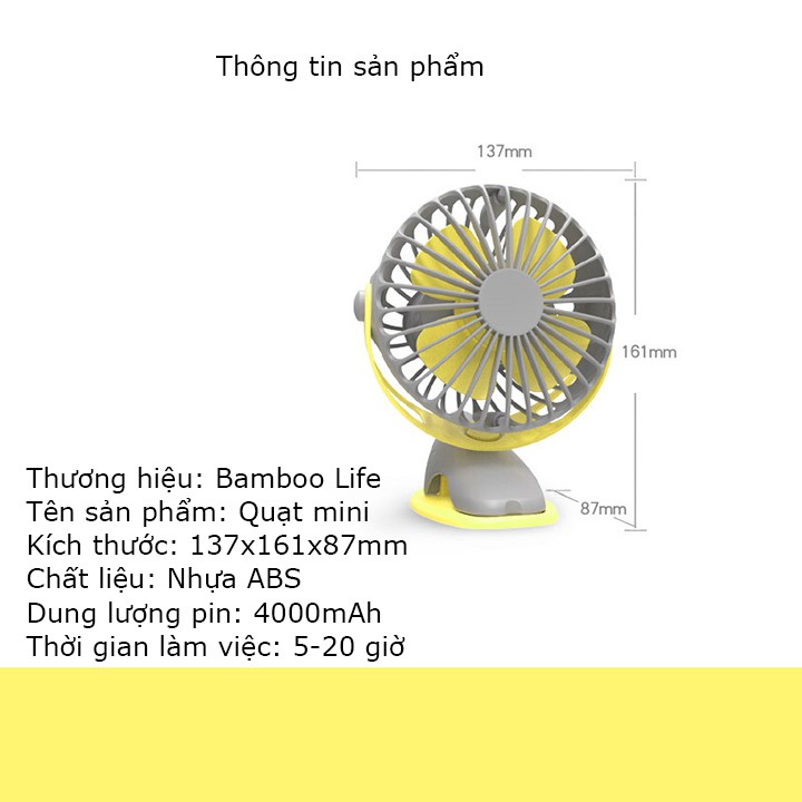 Quạt mini để bàn Bamboo Life tích điện, cầm tay, kẹp xe đẩy cho bé sạc điện usb pin siêu bền thời gian lên đến 20h