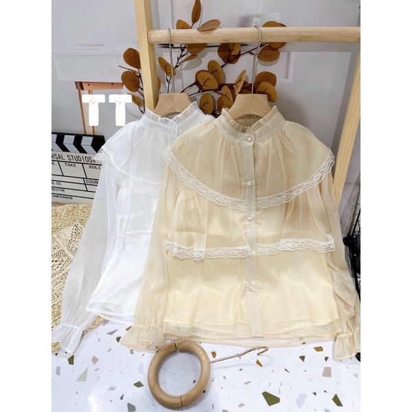 Áo sơ mi tiểu thư bánh bèo 2 tầng phối ren