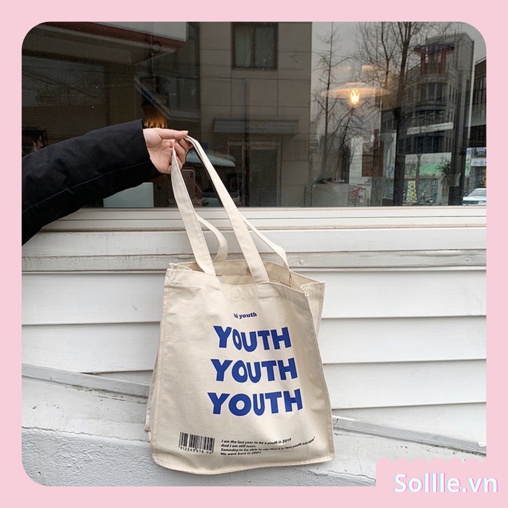 Túi tote vải canvas đáy vuông chữ YOUTH, túi vải bố Hàn Quốc bảo vệ môi trường TO01V