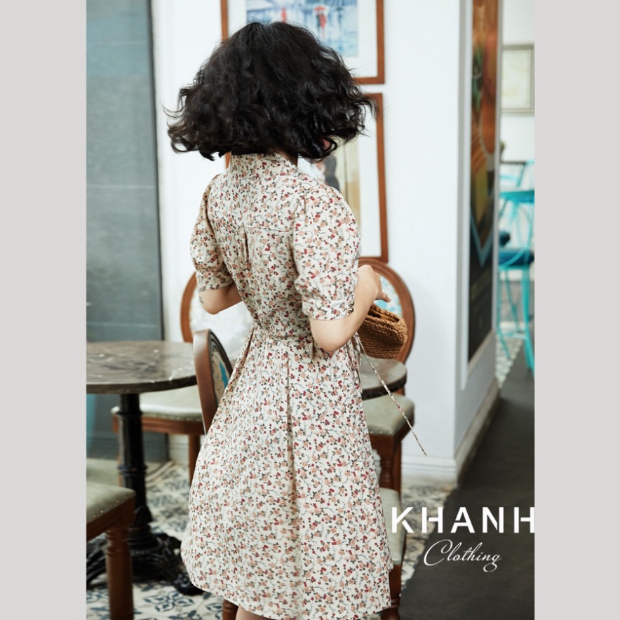 Váy hoa nhí buộc eo vintage cổ V thắt eo thanh lịch nữ tính | BigBuy360 - bigbuy360.vn