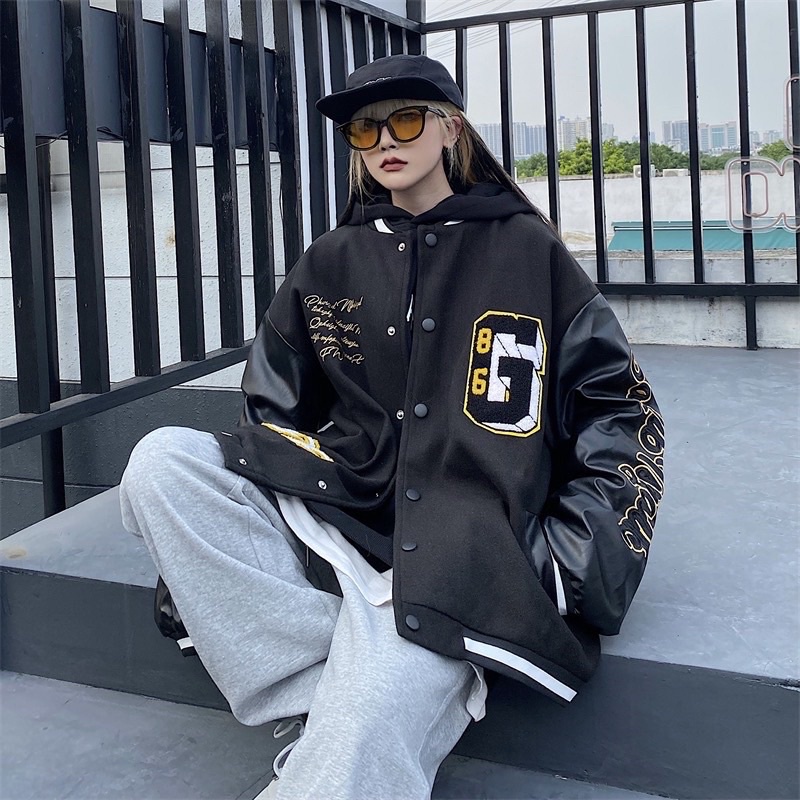Varsity bomber jacket - nỉ phối tay da chữ G ( Có ảnh thật )