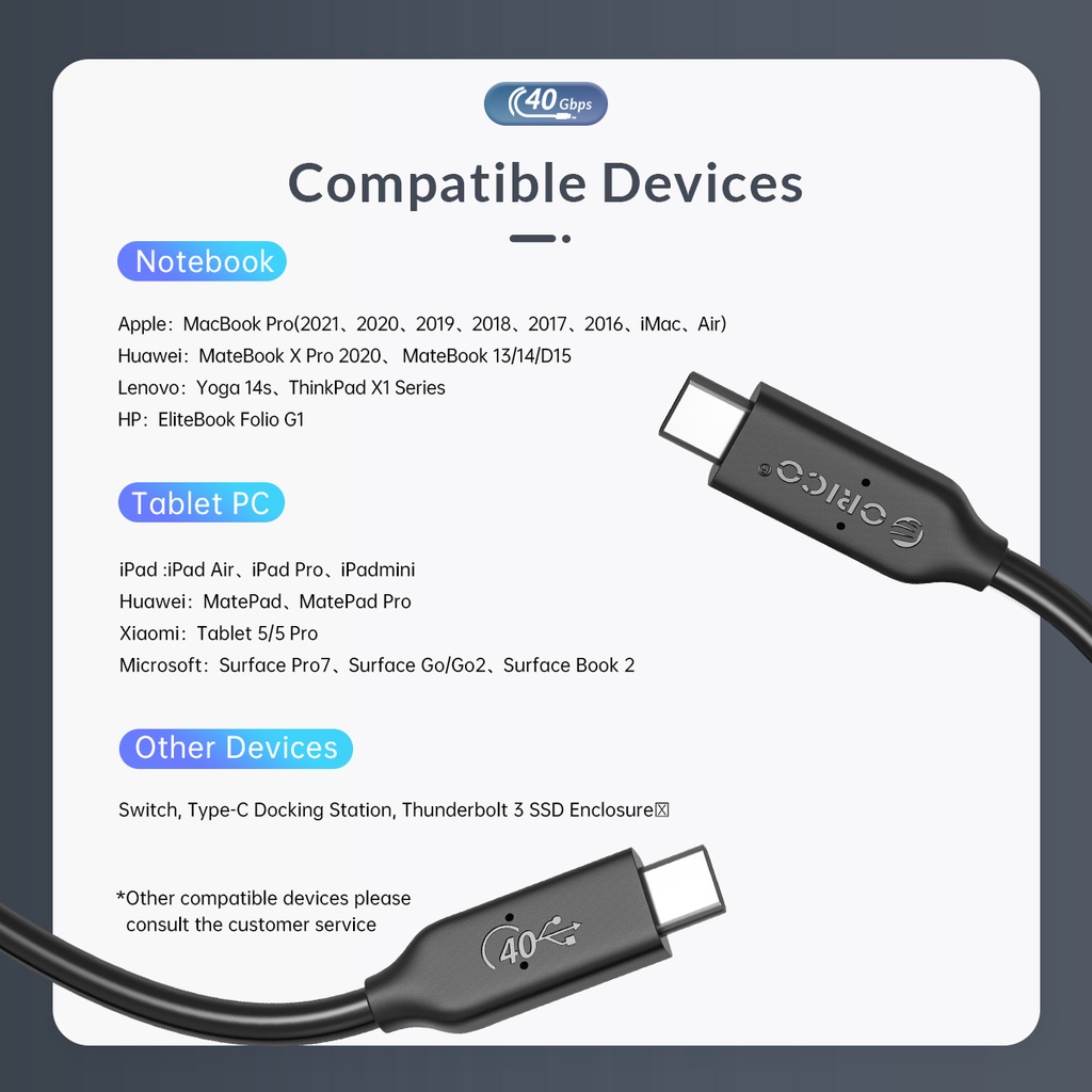 Cáp sạc nhanh ORICO U4C03/U4C05/U4C08 USB 4 IF HD 8K @60Hz PD100W 40Gbps