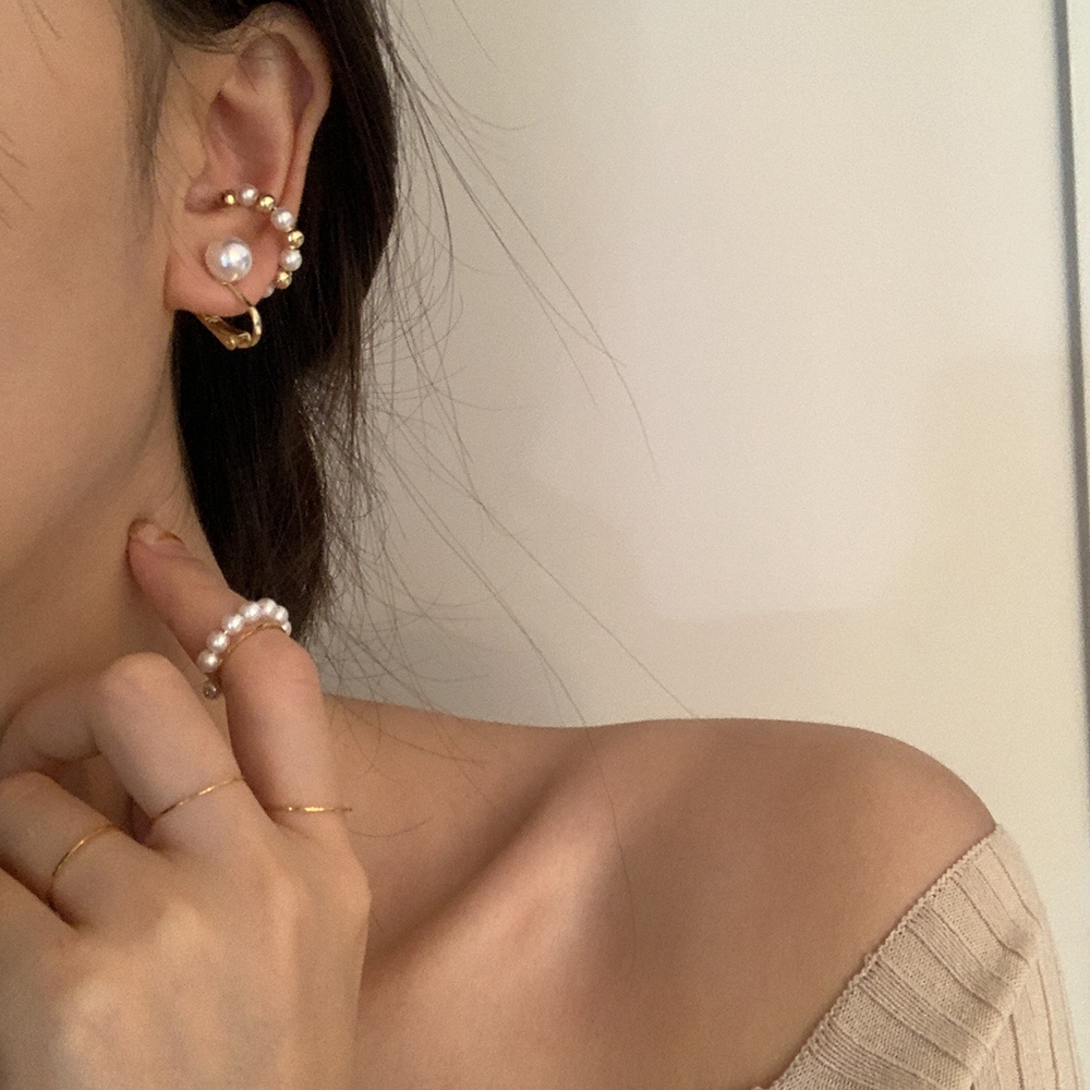 Set 3 khuyên tai xỏ lỗ / kẹp vành phối ngọc trai đơn giản cho nữ