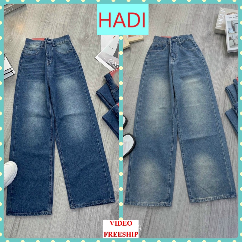 [ORHL519] QUẦN JEANS ỐNG RỘNG NỮ LƯNG CAO VẰN RÂU MÈO PHUN THỜI TRANG TRẮNG ĐÙI LAI CUỐN XANH ĐẬM XANH NHẠT HADI