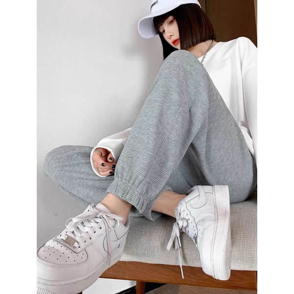 Quần jogger bo gấu nỉ tổ ong lưng chun FREESIZE lưng cao quảng Châu
