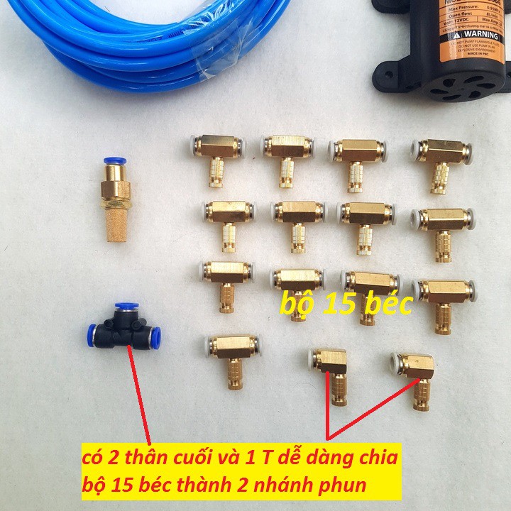 bộ máy phun sương làm mát,tưới lan 12v 15 béc đồng nguồn loại xịn,bơm việt nhật,20m dây,  Bộ máy bơm phun sương làm mát