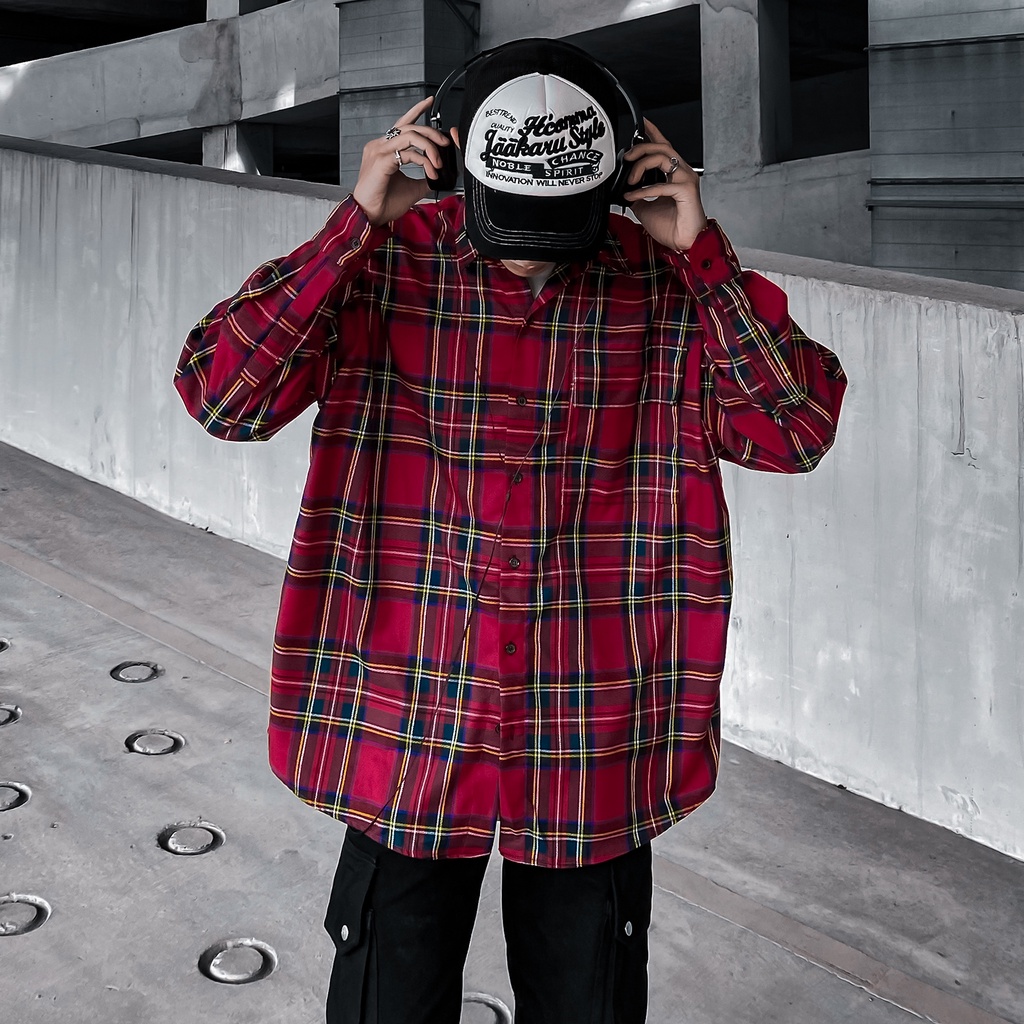 Áo Sơ Mi Flannel Màu Đỏ Sọc Vàng Form Rộng Thoải Mái Chất Liệu Cotton Thoáng Mát