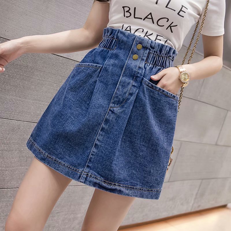 Hlvwei S-5Xl Chân váy jean Chữ A Lưng Thun Phối Denim Xếp Ly Cỡ Lớn Có Khóa Kéo Cho Nữ