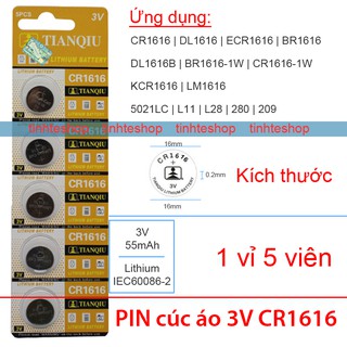 Pin CR1616 DL1616 ECR1616 BR1616 DL1616B BR1616-1W CR1616-1W KCR1616 LM1616 5021LC L11 L28 280 209 Tianqiu 1 vỉ 5 viên