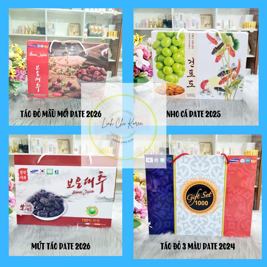(Kèm túi xách) Táo đỏ Hàn Quốc 1kg, mứt táo đen sấy Hàn 1kg, nho xanh 1kg