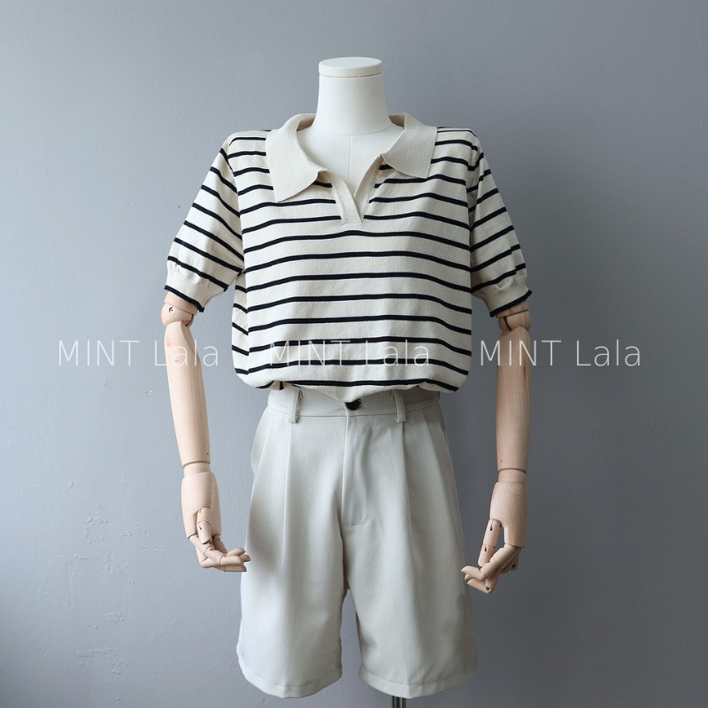 Áo Len Tay Ngắn Polo Cổ V Họa Tiết Kẻ Sọc Ngang Loại Đẹp | BigBuy360 - bigbuy360.vn
