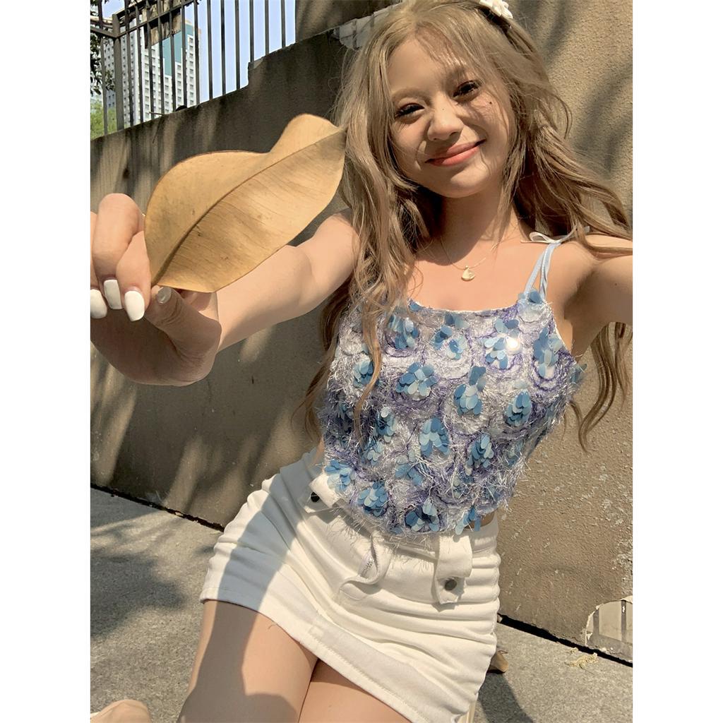 Porozi Áo croptop Hai Dây Dáng Ôm Thắt Nơ Đính Kim Sa Lấp Lánh Thời Trang Cho Bạn Gái