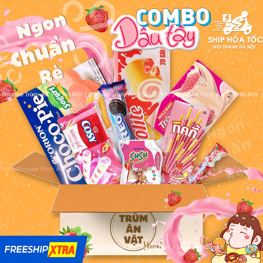 COMBO ĂN VẶT DÂU TÂY NHIỀU LOẠI BÁNH KẸO (OREO, TICKY, ALPENLIEBE, COSY, SOLITE, HILLWAY, CHOCOPIE, SUSU)
