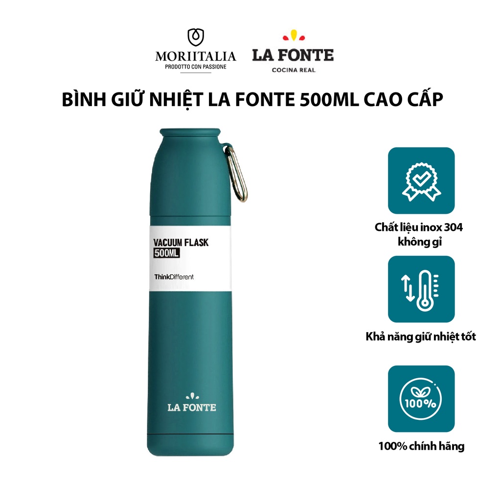 Bình giữ nhiệt La Fonte màu xanh 500ml chính hãng Moriitalia 006590 - Thép không gỉ cao cấp, nắp dùng làm cốc uống