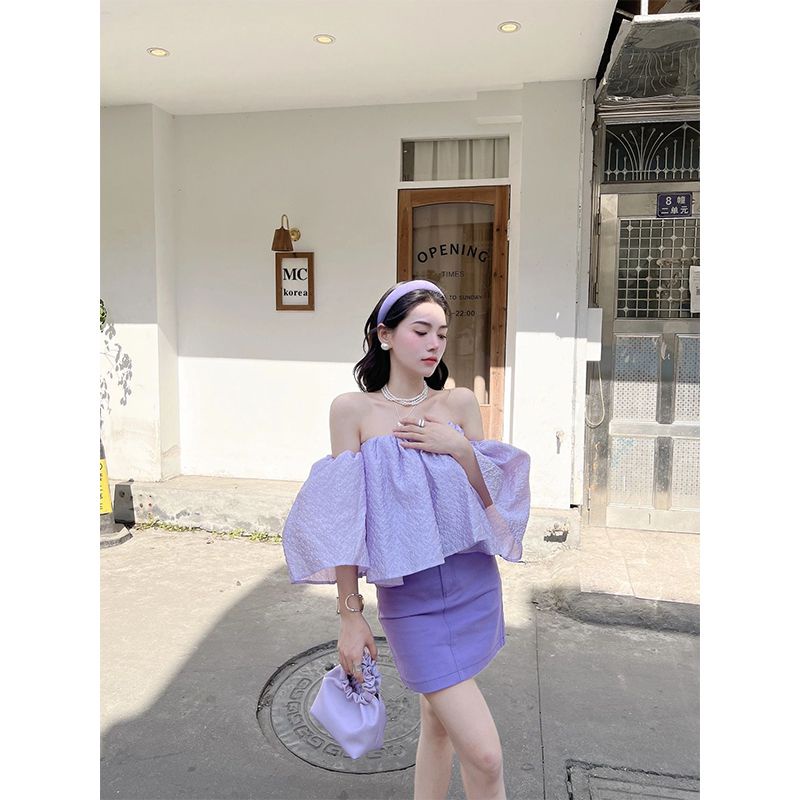 Set Áo Trễ Vai Mỏng Kèm Chân Váy Jean Màu Tím Pastel Phong Cách Hàn Quốc ❤️