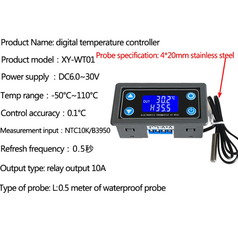 Bộ điều chỉnh nhiệt độ kỹ thuật số 10A Bộ điều chỉnh nhiệt DC 6V-30V Bộ điều chỉnh nhiệt cảm biến LCD