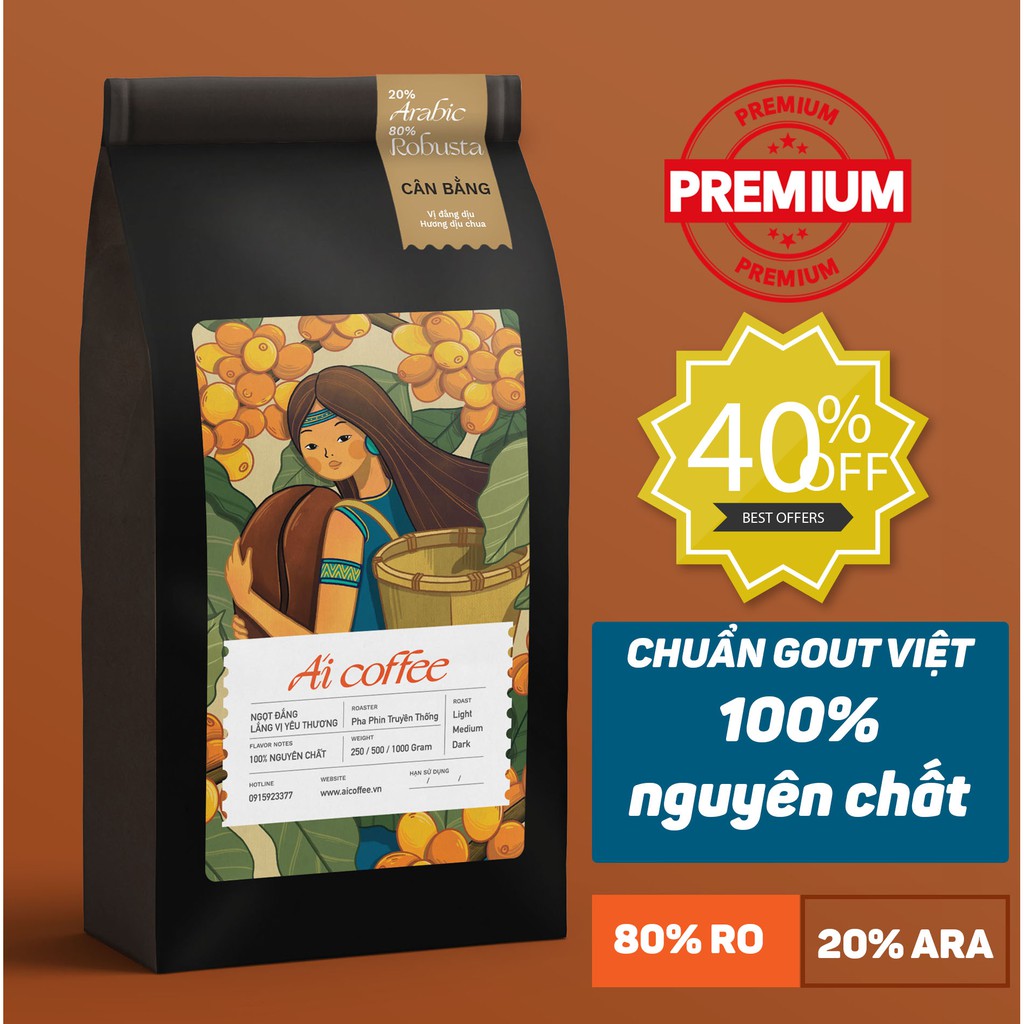 Cà Phê Rang Xay Nguyên Chất Gu Việt - [Ái Coffee] - Gói 500gr Tỉ Lệ 80/20 Hạt Robusta/Arabica