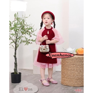 Áo dài cách tân nhung và chân váy ren kèm mấn đội đầu XHN418