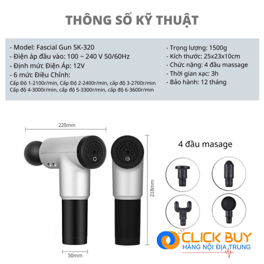 Máy Massage Cầm Tay Fascial Gun 2021, Súng Massage 4 Đầu 6 Chế Độ Fascial Giảm Căng Cơ, Trị Nhức Mỏi Vai Gáy