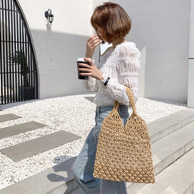 Túi lưới cá đeo vai đi biển - Macrame dây ngắn - size M