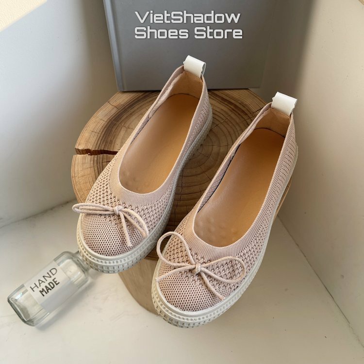 Giày búp bê slip on - Giày lười nữ dệt kim nguyên chiếc 2 màu đen và khaki, đế cao su mềm chống trơn trượt - Mã A31