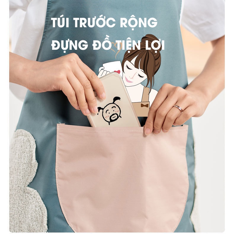 Tạp dề hoa thỏ không thấm nước lau tay 2 bên, túi đựng phía trước tiện lợi dễ lau sạch