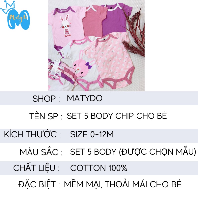 Body chip cộc tay cho bé trai bé gái cotton từ 0 đến 12 tháng tuổi set 5 bodysuit tam giác được chọn mẫu