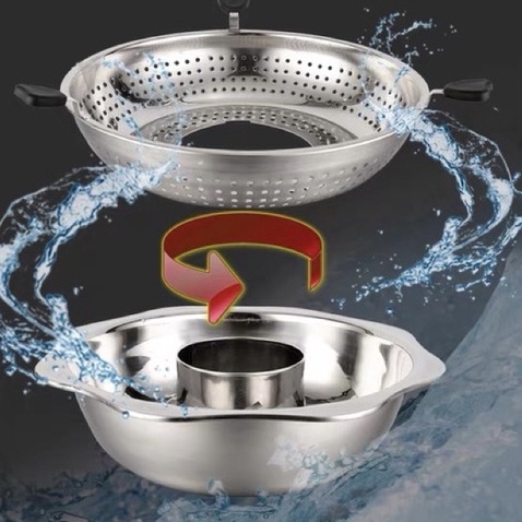Nồi lẩu xoay 2 tầng dùng được cả bếp từ và bếp gas chất liệu inox không gi siêu tiện lợi