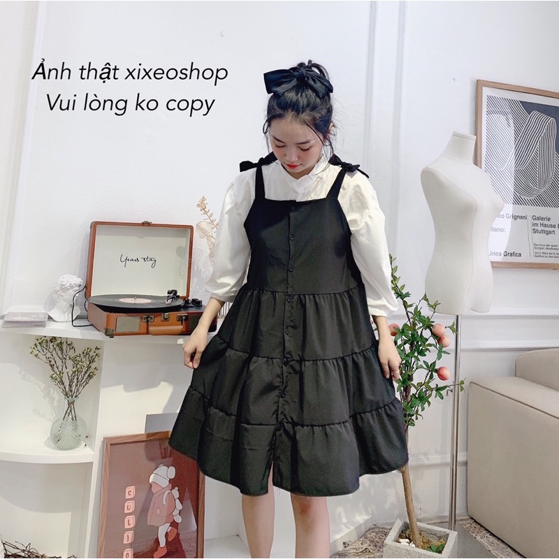 Váy yếm nữ kèm áo sơ mi trắng phong cách Hàn Quốc xixeoshop - v1 | BigBuy360 - bigbuy360.vn