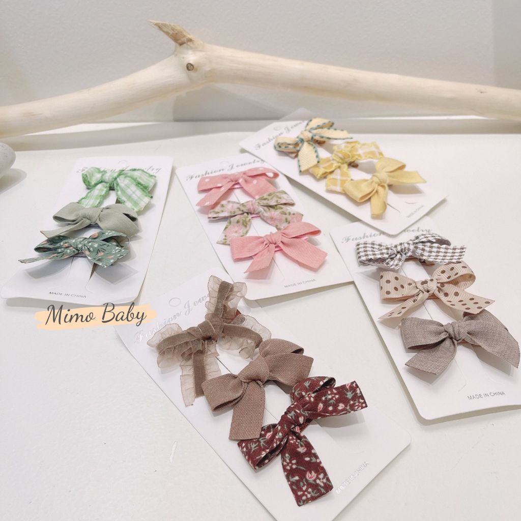 Set 3 kẹp tóc thắt nơ vải phong cách tiểu thư cho bé gái KT24 Mimo Baby