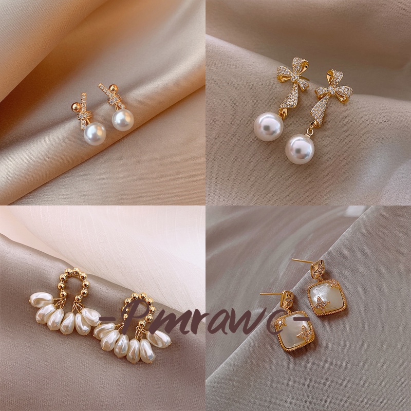 Pmrawc | Bông Tai Mạ Bạc 925 Hình Nơ Đính Ngọc Trai Dáng Dài Chống Thấm Nước Chống Dị Ứng Phong Cách Pháp Cổ Điển Cho Nữ FE10