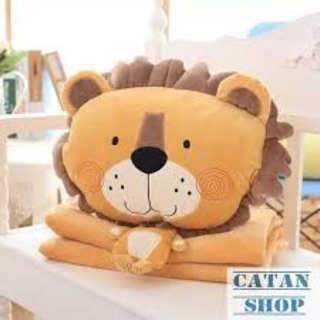 Gối Mền Sư Tử  Cute 3 Trong 1,  Bộ Chăn Gối Văn Phòng, Nỉ Nhung Cực Mịn