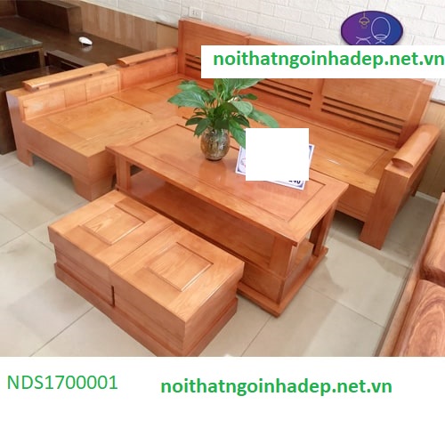 noithatngoinhadep.net.vn-Bộ ghế sofa góc nhỏ gỗ sồi mã NDS1700003 kích thước 2x1.8m, bàn 1.1mx60cm, đôn vuông 35cmx35cm