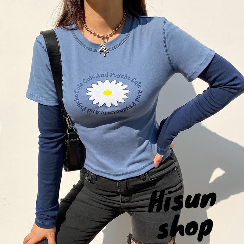 ☀Sun❤Women Casual Long Sleeve T-shirt, Blue Round Collar Letters and Floral Printed Pattern Tops