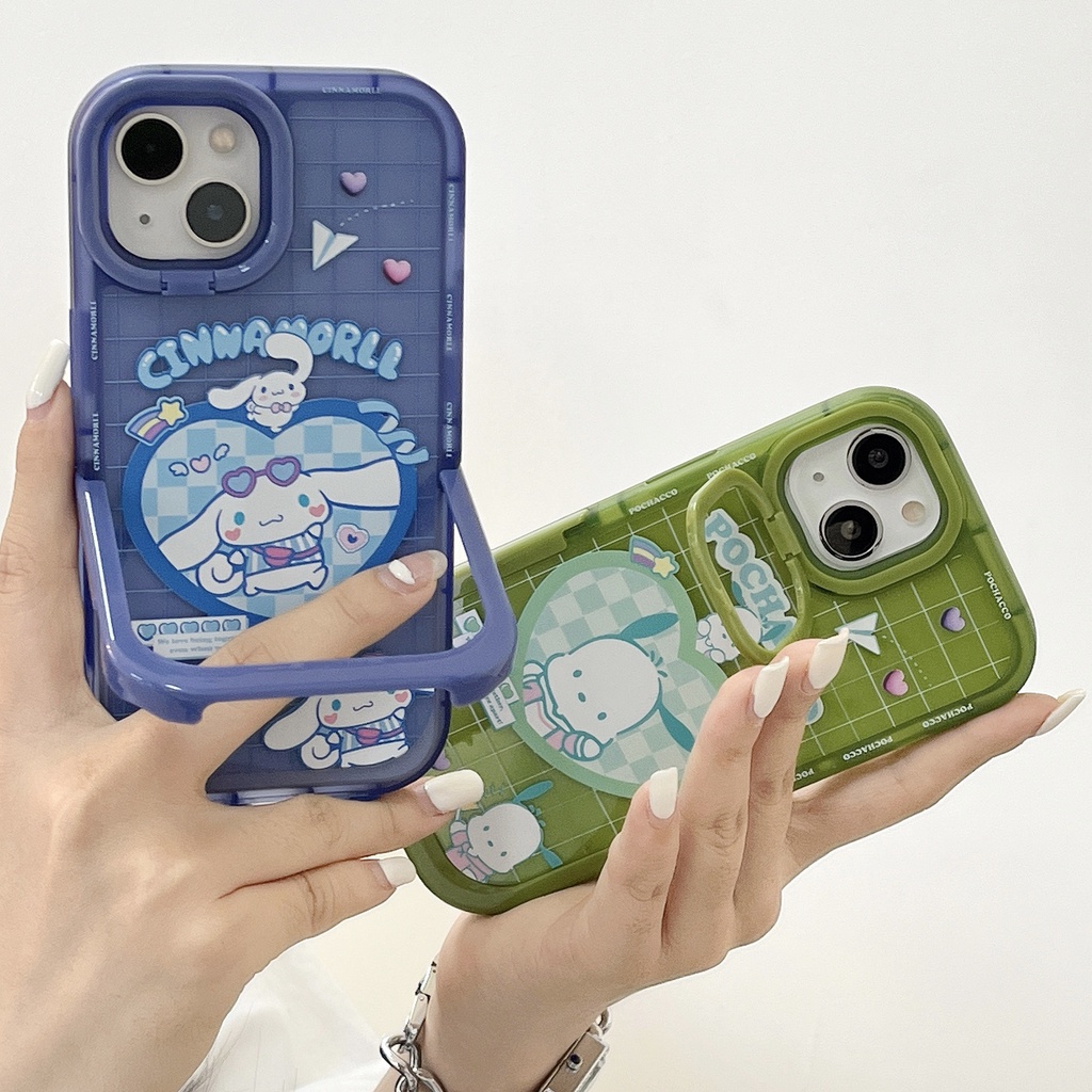 Ốp Điện Thoại Họa Tiết Kuromi and Melody Dễ Thương Chống Sốc Kèm Giá Đỡ Cho Iphone