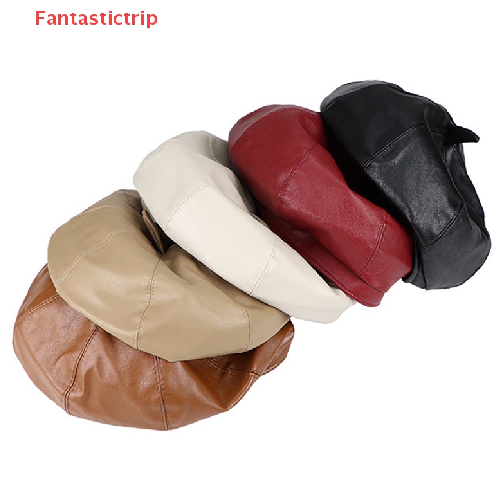 [Fantastictrip] Mũ Nồi Da PU Màu Đỏ / Trắng In Chữ Phong Cách Họa Sĩ Anh Quốc Cổ Điển Thời Trang Thu Đông Mới