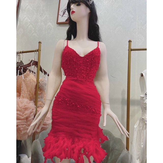 MS1241y ĐẦM BODY LƯỚI NHỆN ĐÍNH LÔNG VŨ KẾT P-L TUA RUA CAO CẤP full size S/M/L/xL