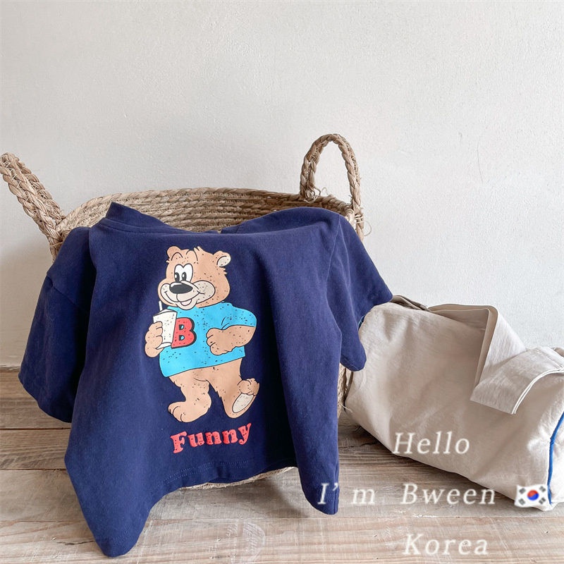 MNGRL Áo Thun Tay Ngắn Cotton In Hoạt Hình Cổ Tròn Hàn Quốc Mùa Hè Cho Bé Trai Bé Gái