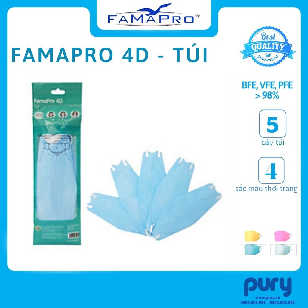 [TÚI-5 CÁI] - Khẩu trang y tế cao cấp kháng khuẩn 3 lớp Famapro 4D