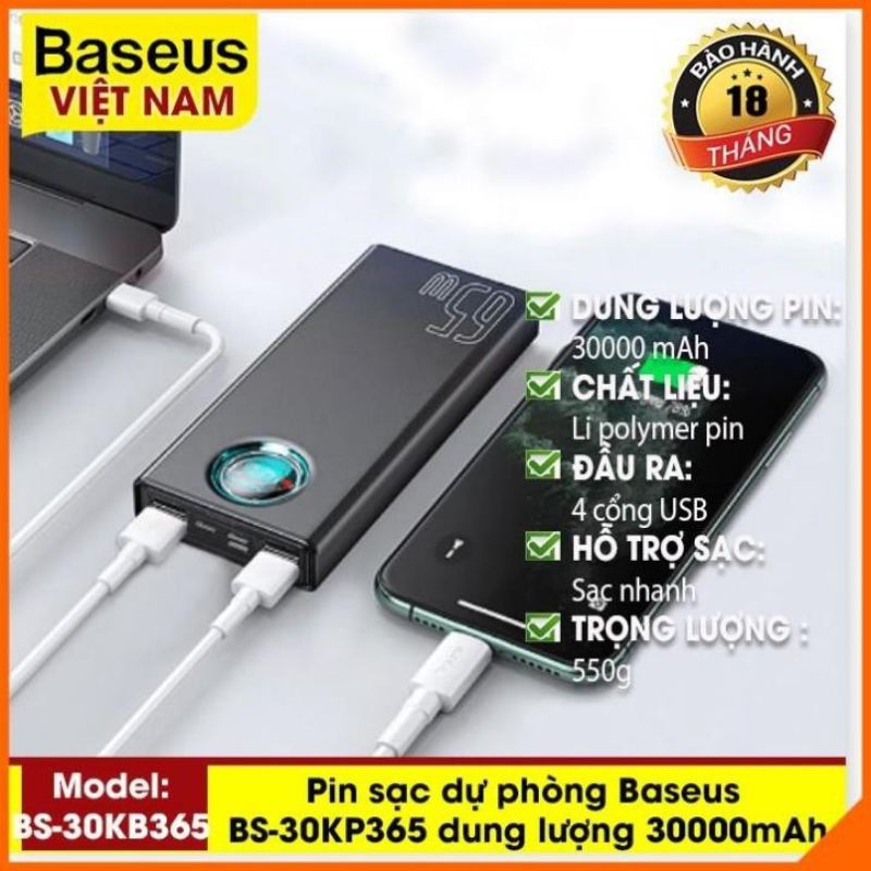 Pin Sạc Dự Phòng Baseus BS-30KP365 Dung Lượng 30000mah - 65W Sạc Nhanh QC3.0 Cho Iphone Ipad Laptop