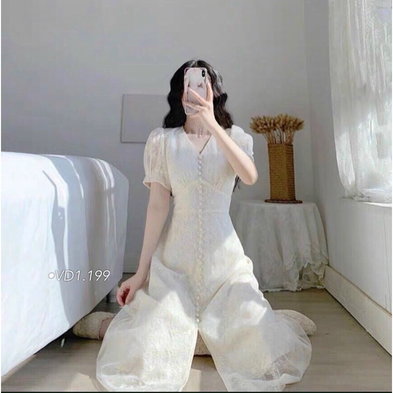 ĐẦM MIDI TRẮNG REN HOA PHỐI NÚT NGỌC thời trang giá rẻ