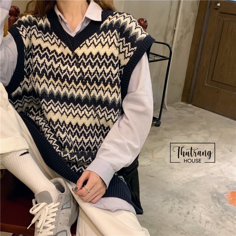 Áo gile len nữ cổ chữ V họa tiết thổ cẩm phong cách retro Hàn Quốc MSP440 | BigBuy360 - bigbuy360.vn