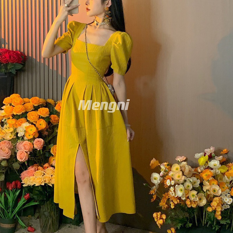 🌟 VÁY đầm maxi LI EO CỔ VUÔNG XẺ TÀ tay bồng sexy tiểu thư sang chảnh dự tiệc đám cưới du lịch công sở đi làm