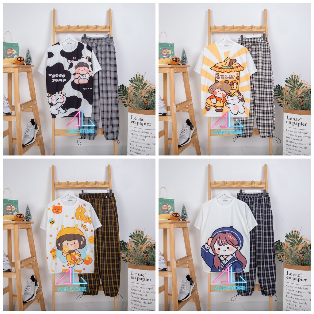 Set quần caro ống rộng áo cartoon - quần có dây rút ở ống chân