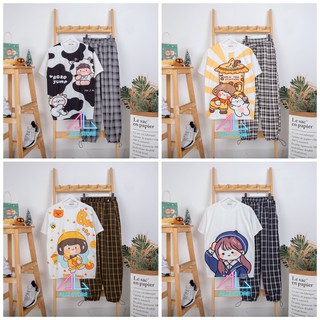 Set quần caro ống rộng áo cartoon - quần có dây rút ở ống chân