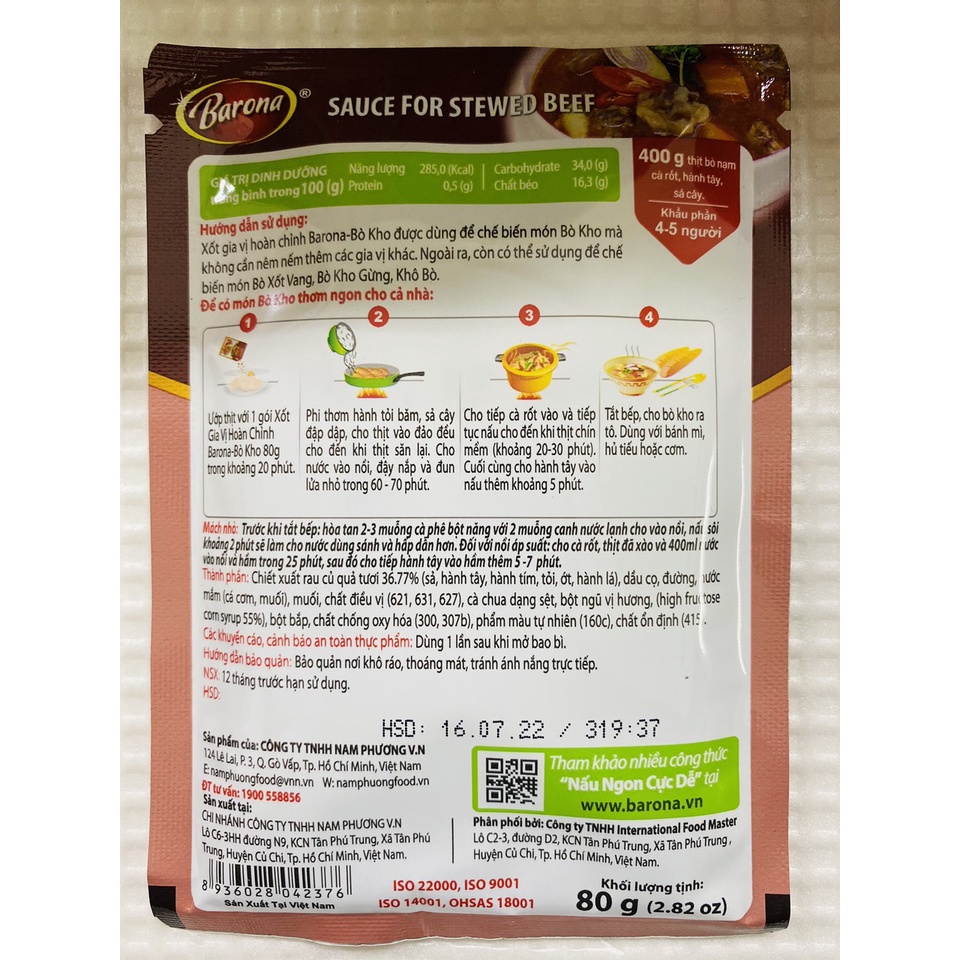 Xốt gia vị hoàn chỉnh Barona: Thịt Nướng Sả , Bò kho , Gà chiên nước mắm, Sườn xào chua ngọt ...