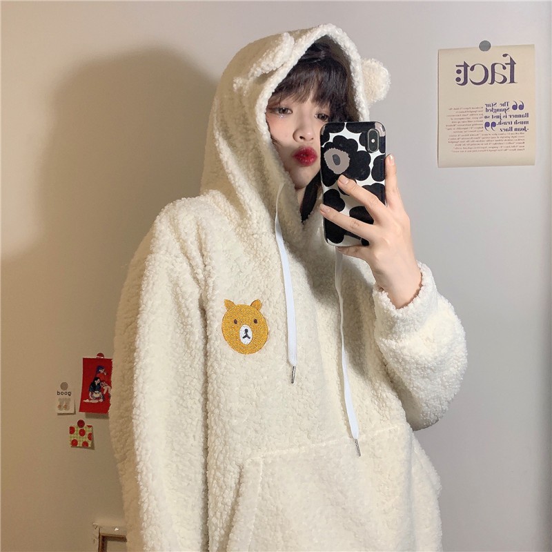 Áo hoodie len bông tay dài không có túi gấu logo nhỏ nón tai gấu cute ulzzang ( 2 màu )