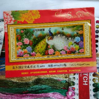 Tranh thêu chữ thập đôi công chỉ lụa chỉ thường