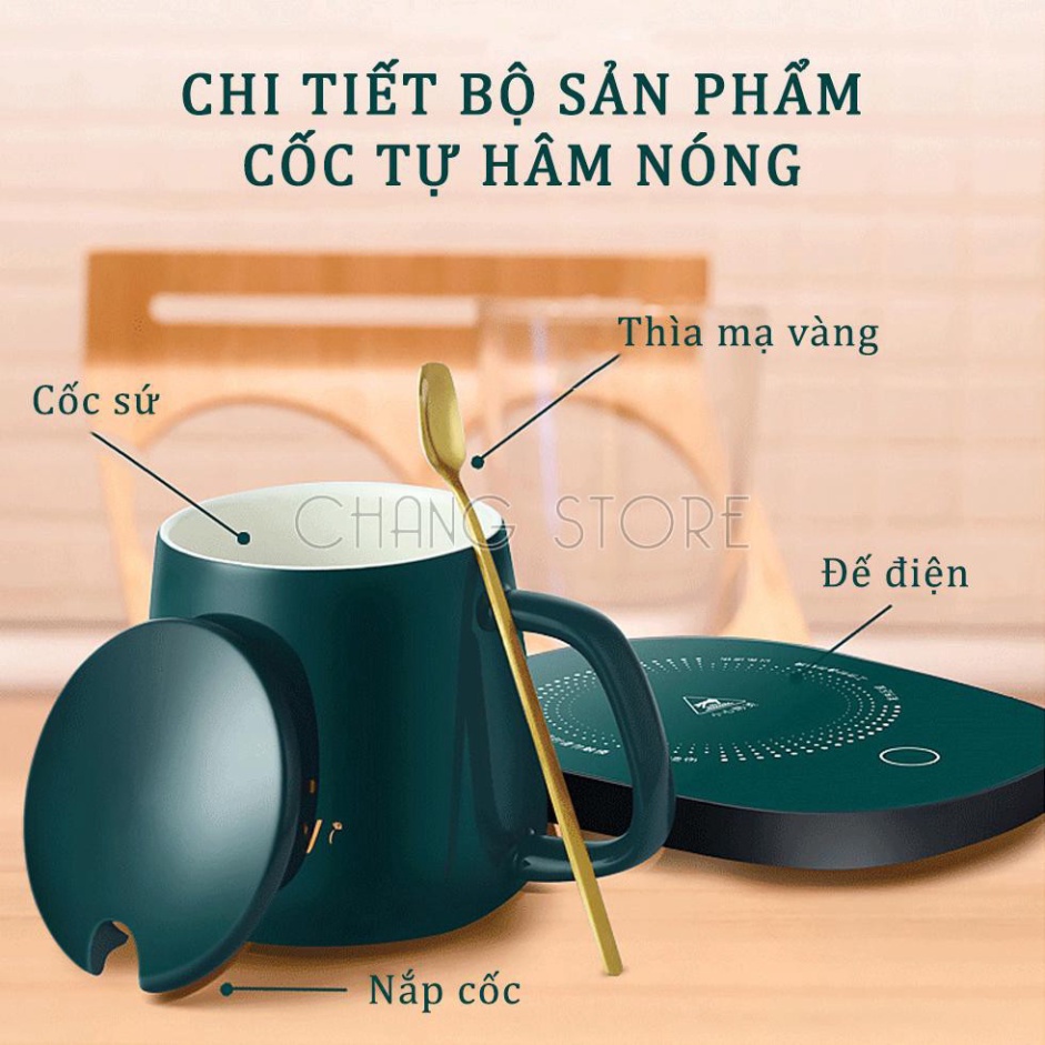 Cốc hâm nóng cao cấp bằng sứ kèm đế điện, Ly sứ kèm đế điện hâm nóng cafe, sữa, trà Tặng kèm thìa mạ vàng tiện lợi